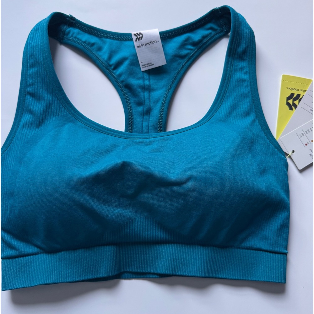 All in Motion Dark Teal Blue Ribbed Medium Support Sports Bra L NWT
